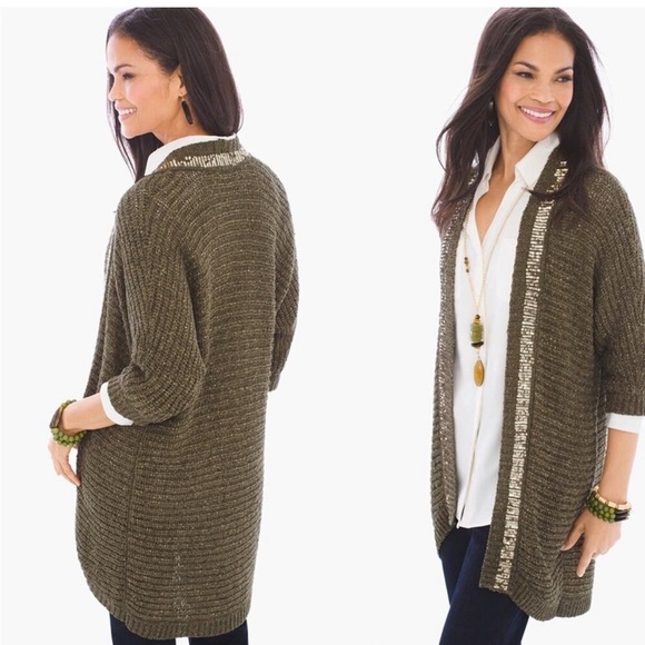 Chico's Sweaters - Chico’s Greta Green Sequins Trim Open Front Cardigan Size Large